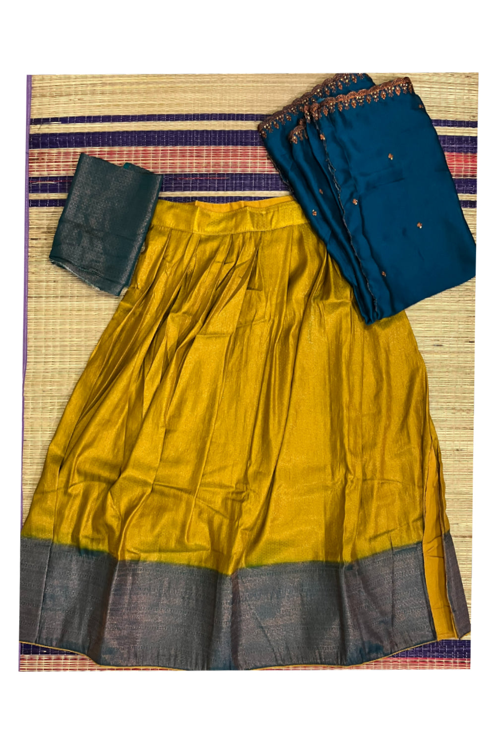 Semi Stitched Premium Semi SIlk Golden Yellow Dhavani Set with Blue Neriyathu and Blouse Piece