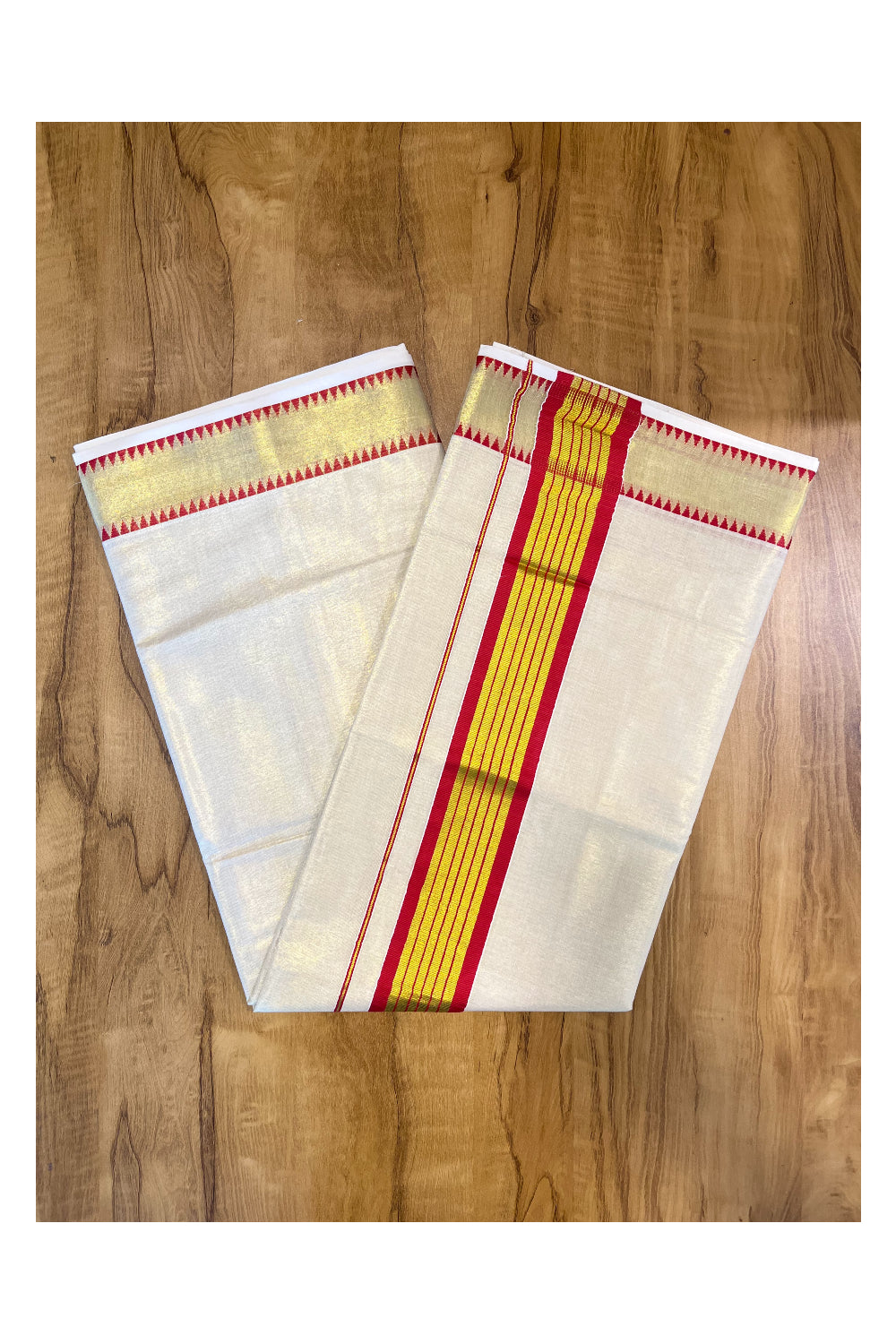 Kerala Tissue Kasavu Saree With Red Temple Woven Works on Border