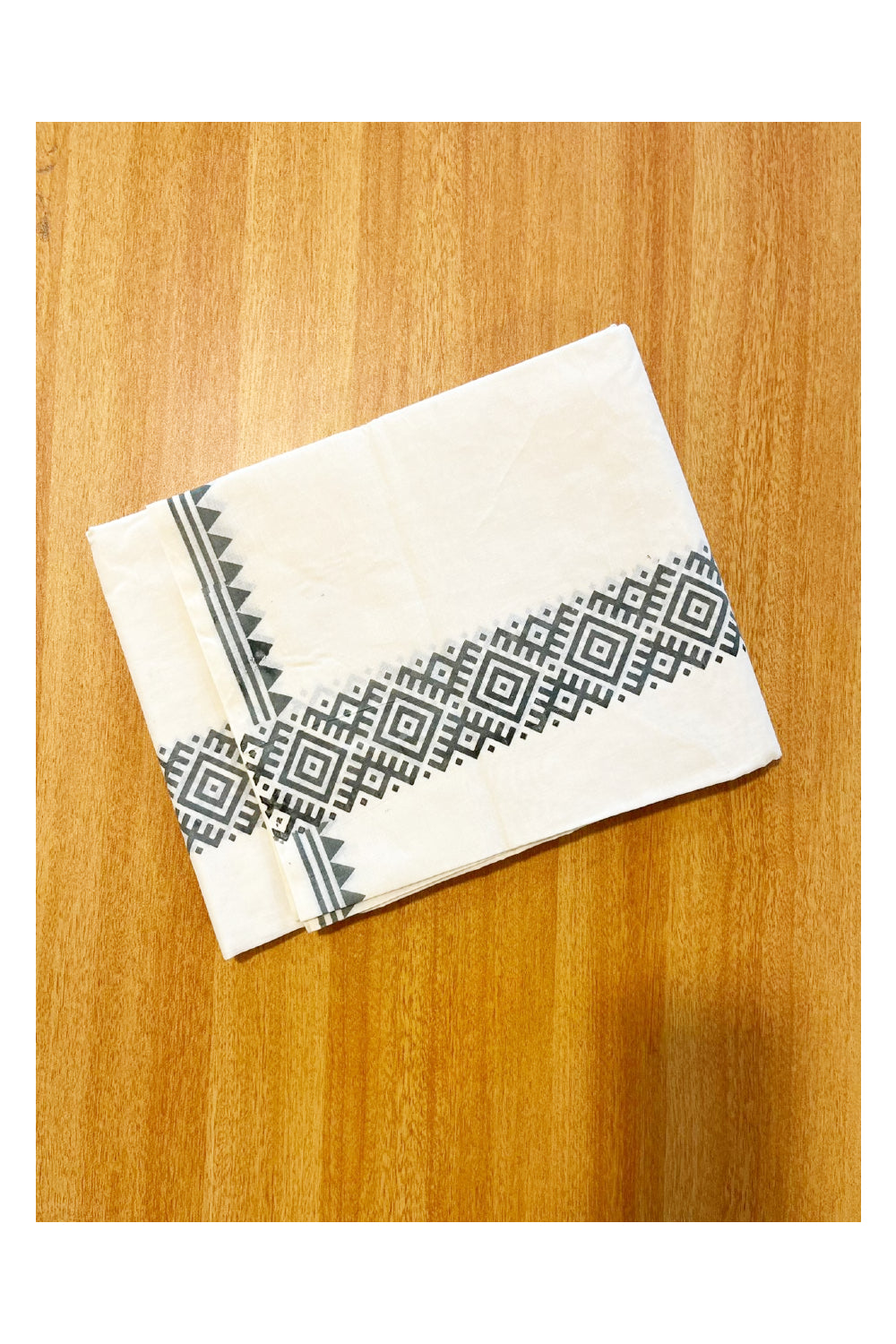 Pure Cotton Off White Double Mundu with Grey Block Prints On Border (South Indian Kerala Dhoti)