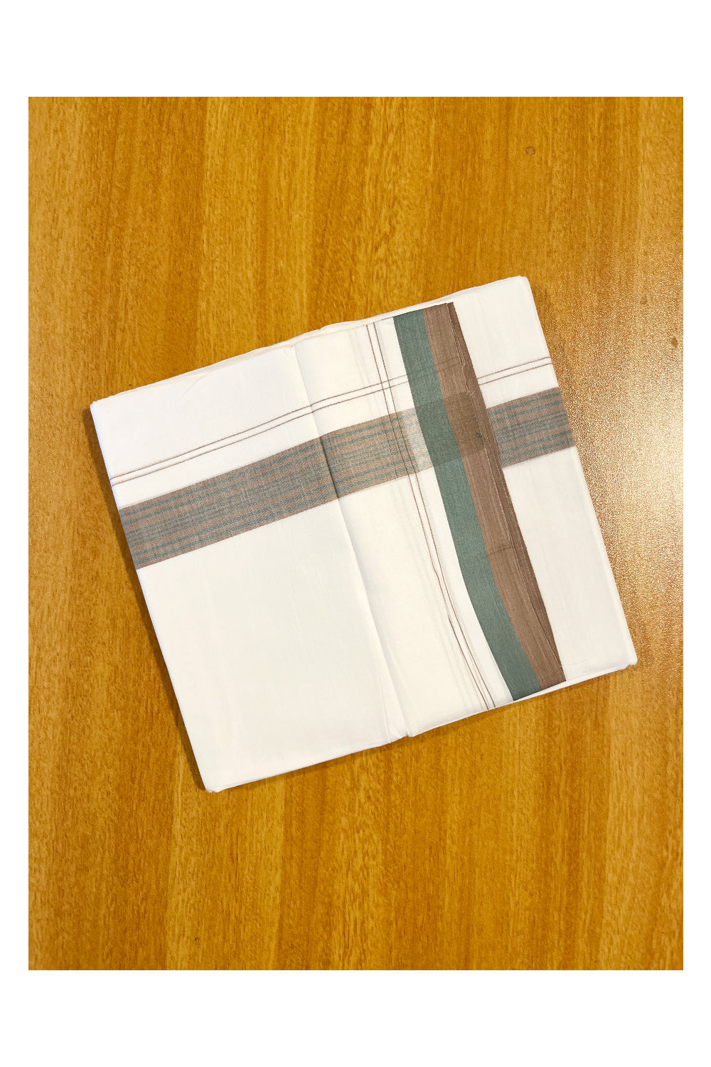 Pure White Cotton Double Mundu with Green And Brown Border (South Indian Kerala Dhoti)