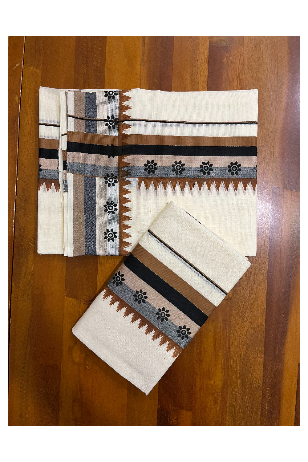 Kerala Pure Cotton Single Set Mundu (Mundum Neriyathum) with Black Floral Block Prints on Brown Temple Border - 2.60Mtrs