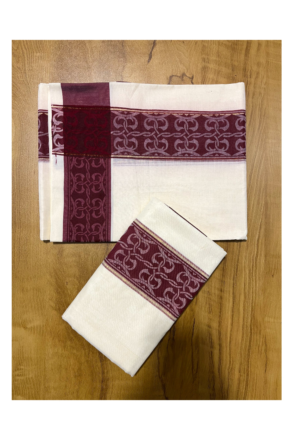 Kerala Cotton Single Set Mundu (Mundum Neriyathum) with Maroon Block print Border 2.80Mtrs