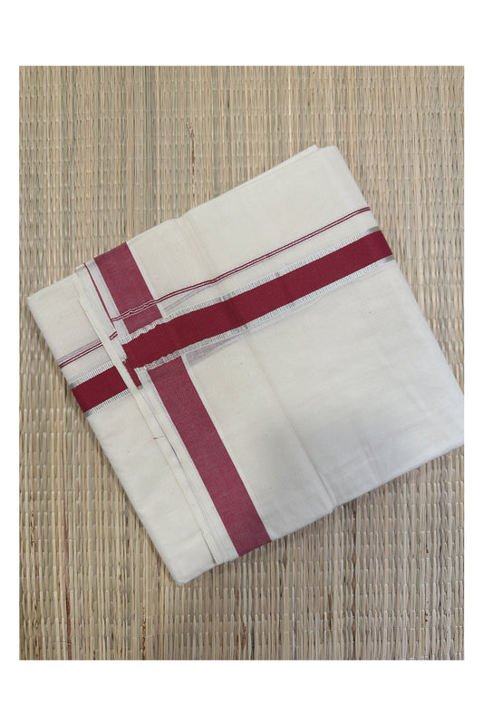 Off White Kerala Double Mundu with Silver Kasavu and Maroon Kara (South Indian Kerala Dhoti)