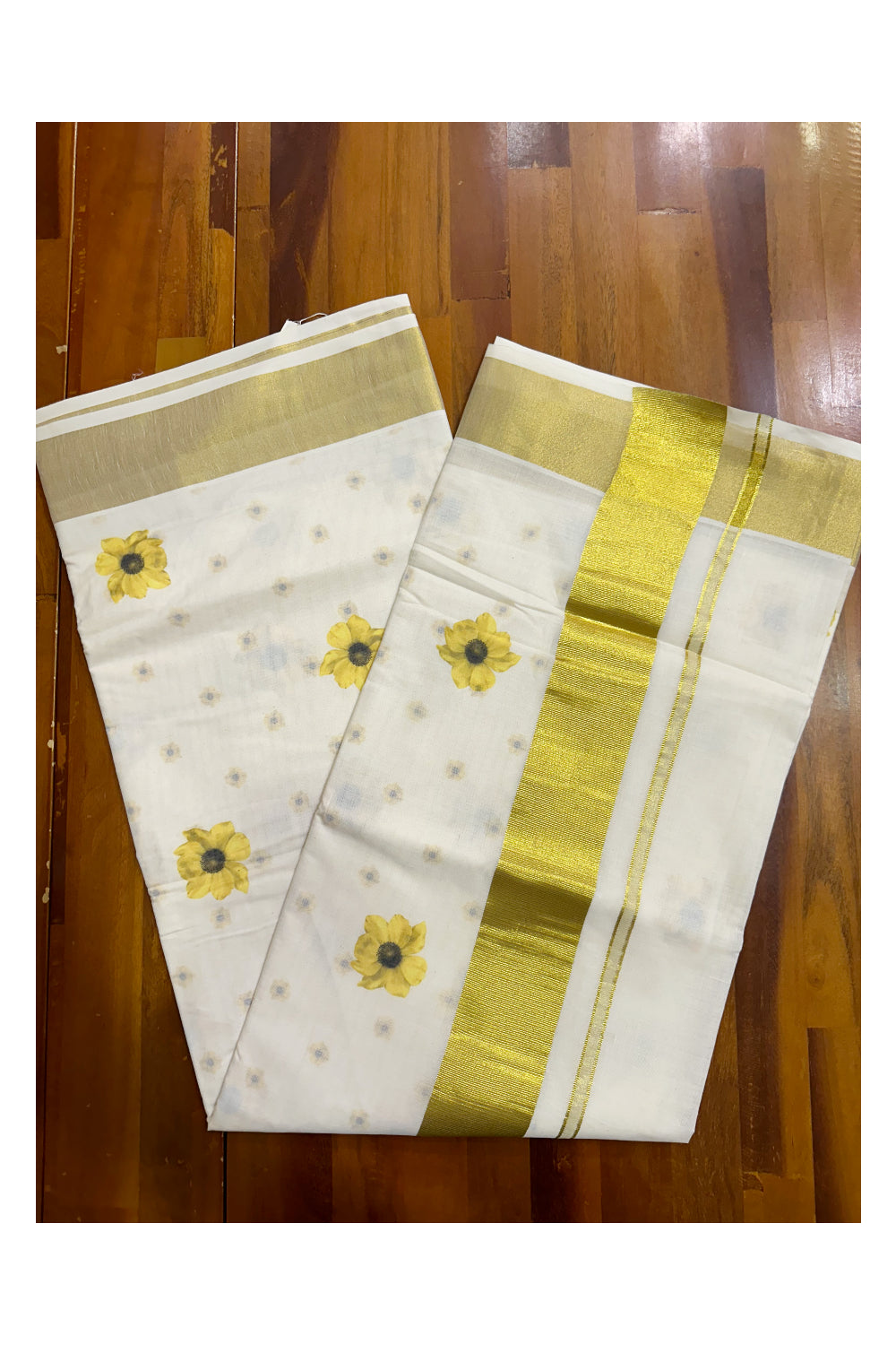 Southloom Exclusive Onam Kasavu Saree with Small Yellow Floral High Quality Digital Print Across Body (Matching Printed Blouse Included)