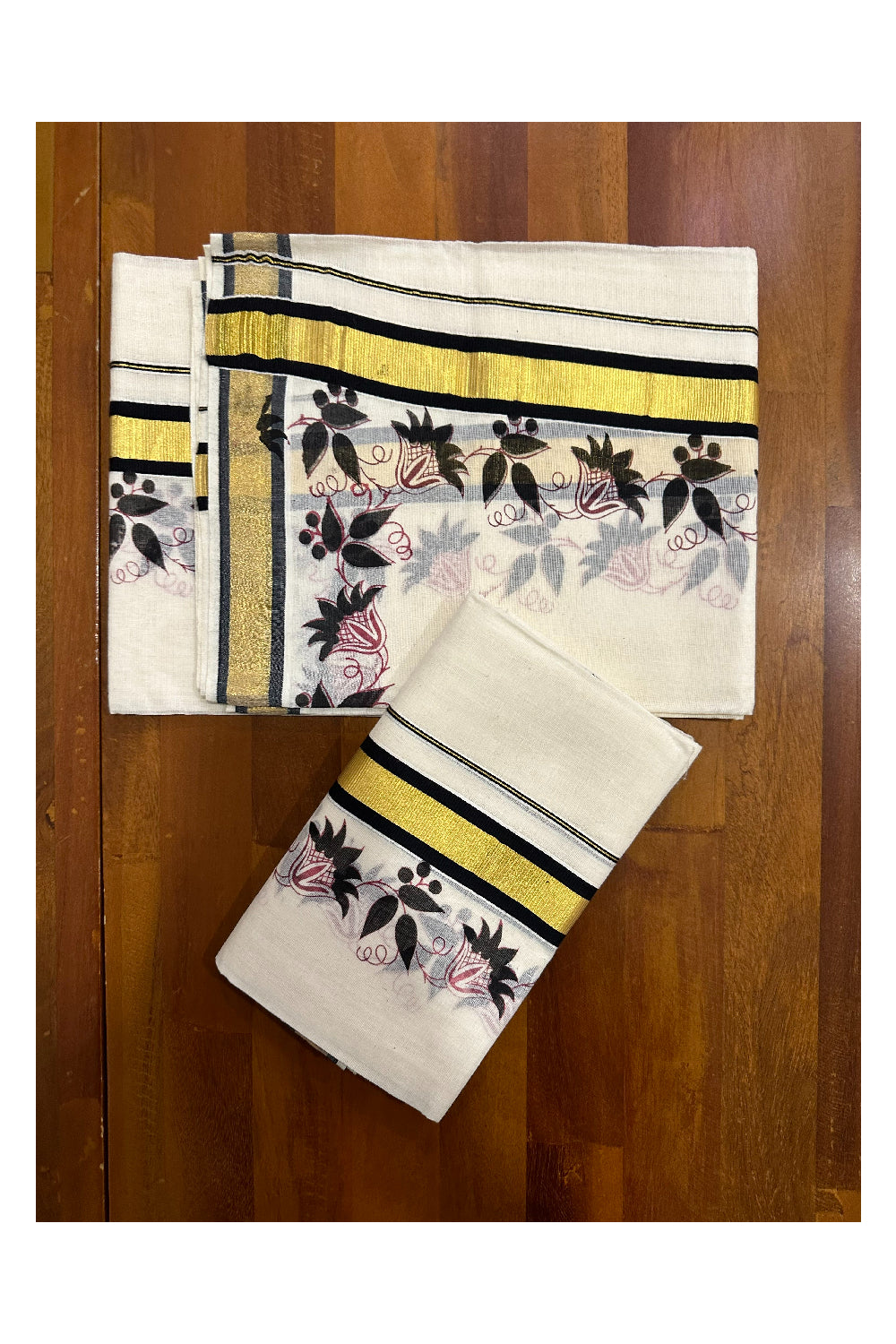 Kerala Cotton Kasavu Single Set Mundu (Mundum Neriyathum) with Black Floral Block Prints on Border 2.80 Mtrs (Onam set Mundu 2023)