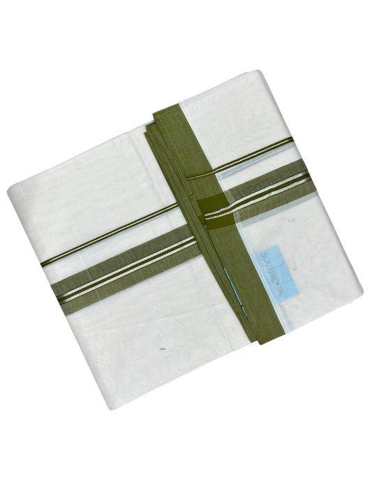 Southloom Pure Cotton Mundu with Silver Lines and Olive Green Border (South Indian Kerala Dhoti)