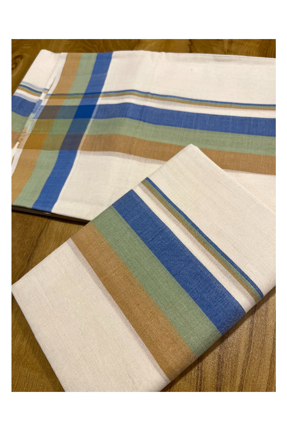 Pure Cotton Balaramapuram Handloom Premium Set Mundu (Mundum Neriyathum) with Blue and Green Brown Border