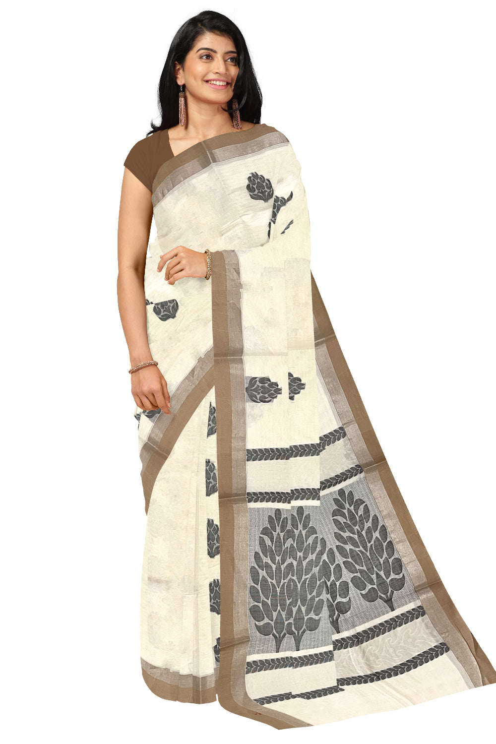 Southloom Off White Cotton Saree with Floral Woven Designs