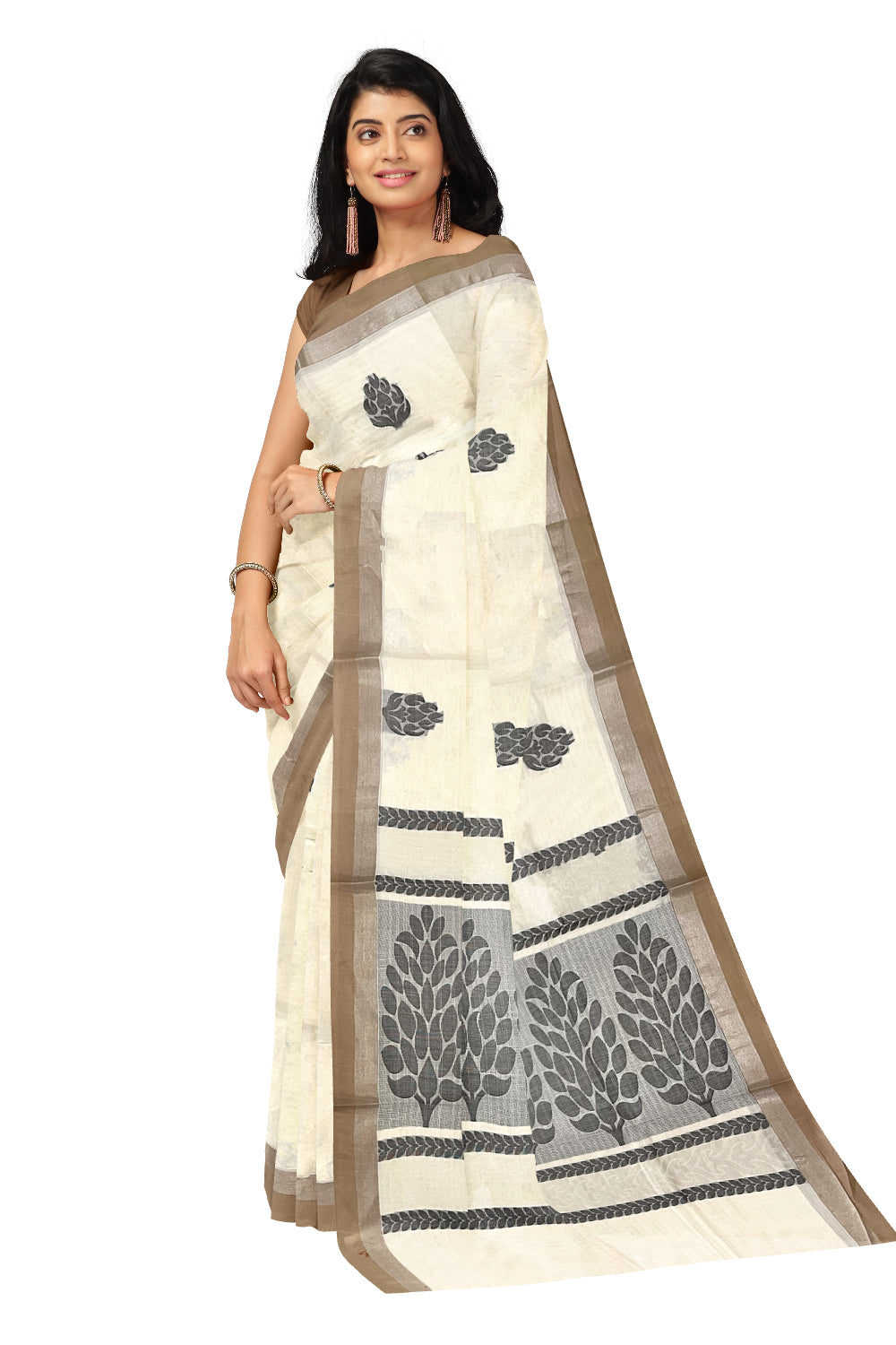 Southloom Off White Cotton Saree with Floral Woven Designs