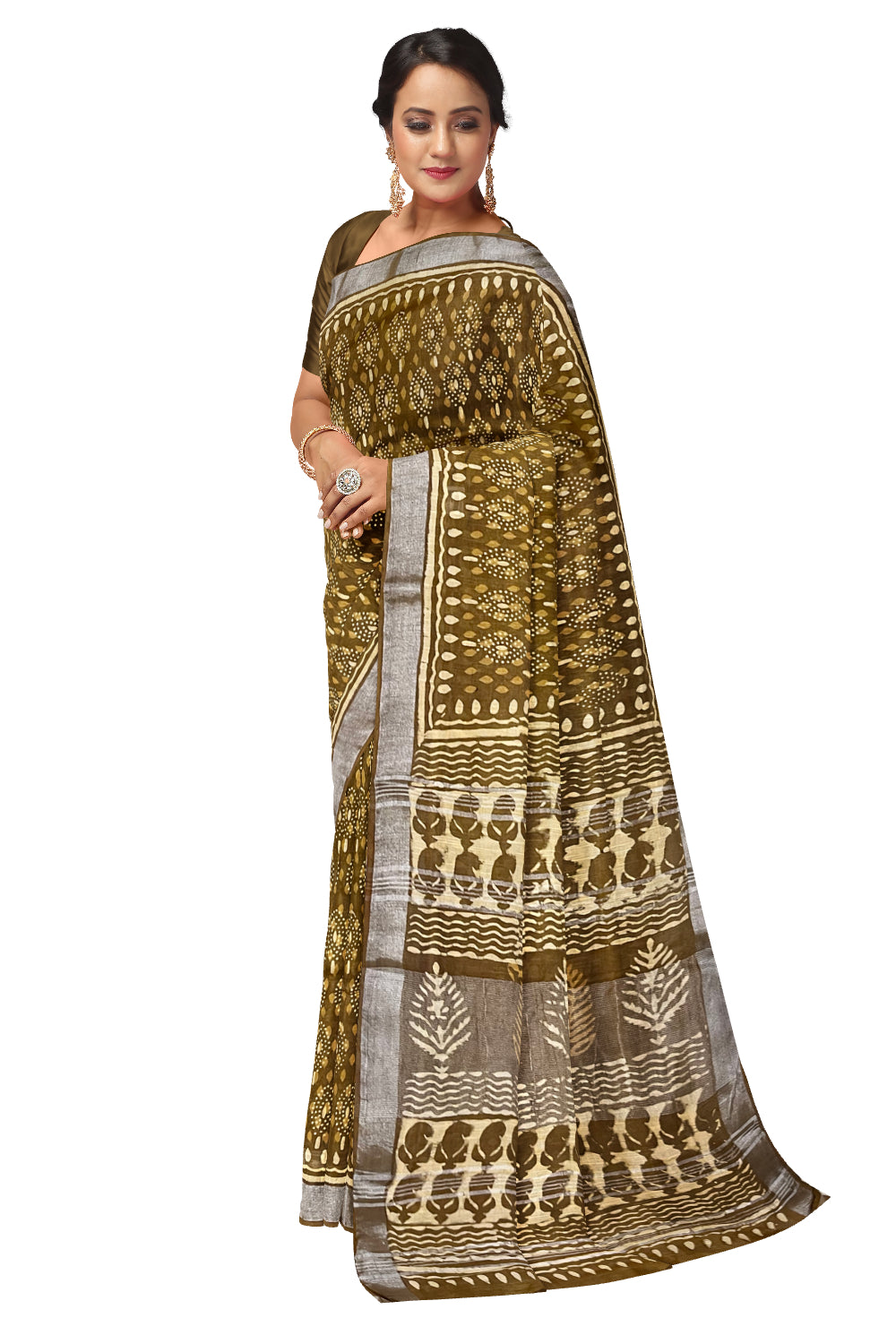 Southloom Linen Mustard Yellow Designer Saree with Floral Prints