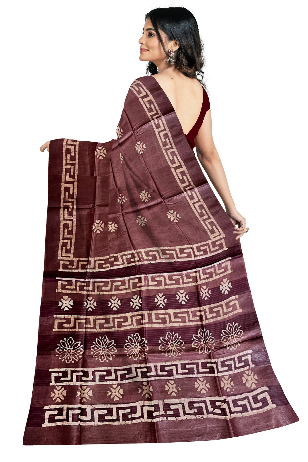 Southloom Cotton Dark Brown Saree with Baswara Prints on Body and Pallu