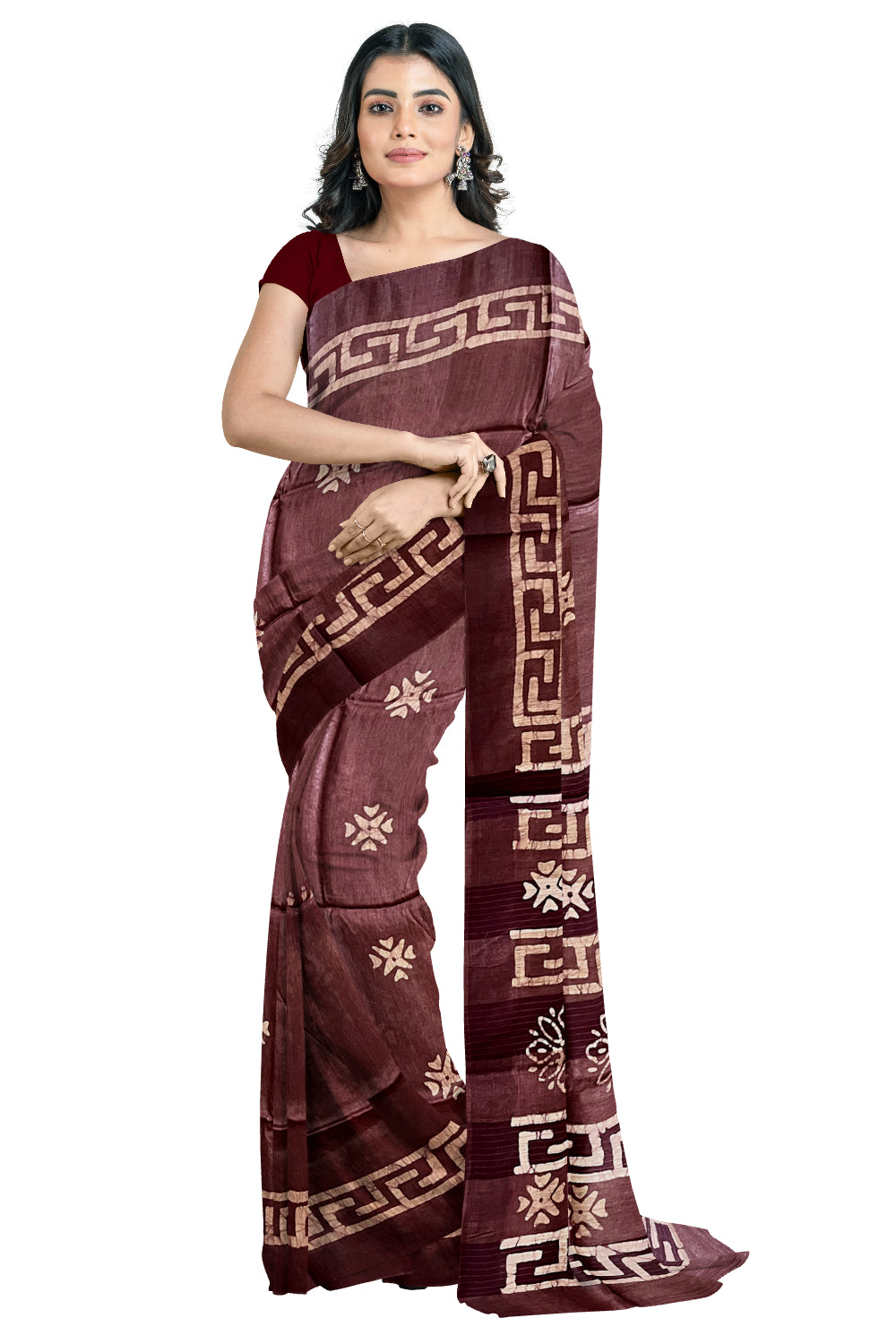 Southloom Cotton Dark Brown Saree with Baswara Prints on Body and Pallu