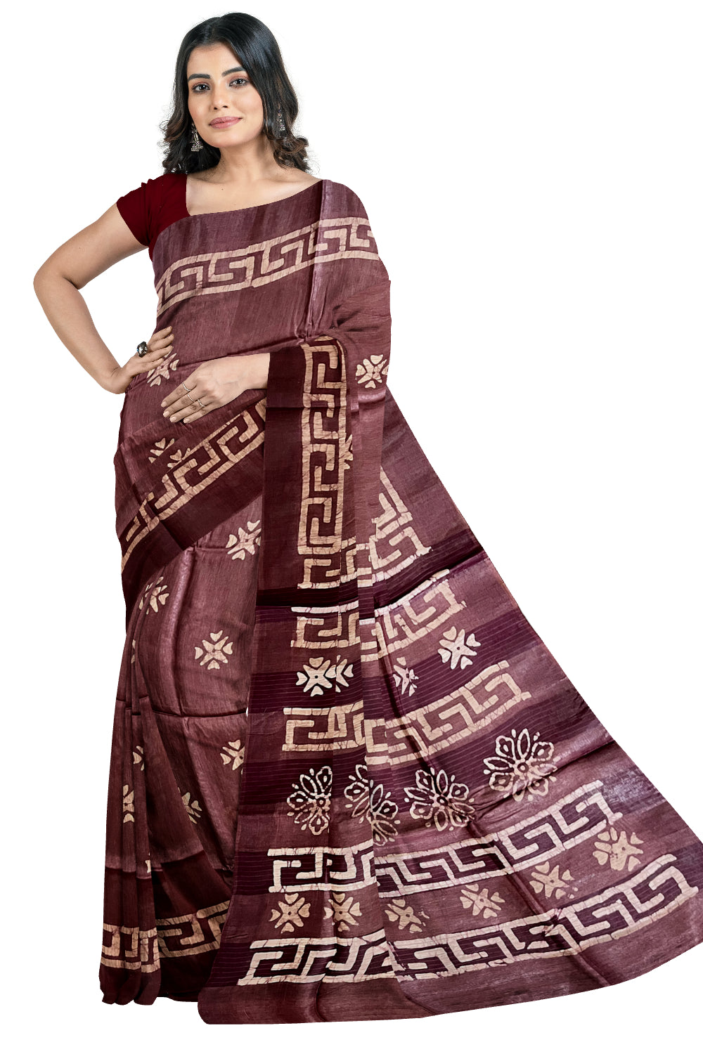 Southloom Cotton Dark Brown Saree with Baswara Prints on Body and Pallu