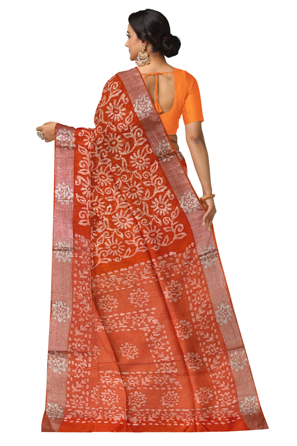 Southloom Cotton Orange Saree with Baswara Prints on Body and Pallu