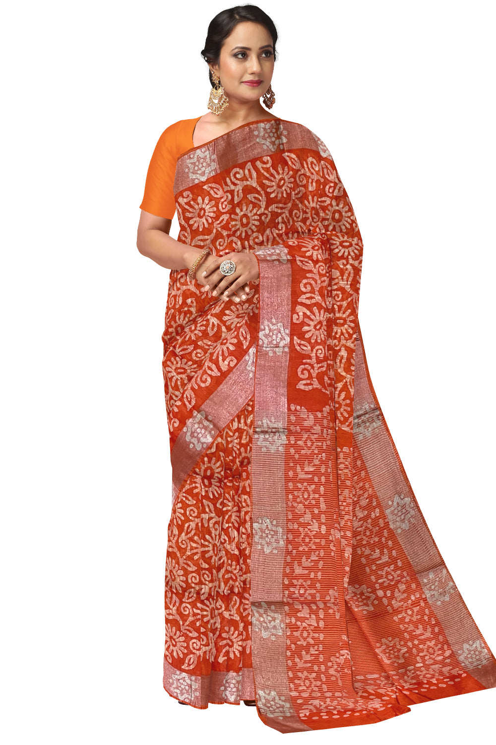 Southloom Cotton Orange Saree with Baswara Prints on Body and Pallu