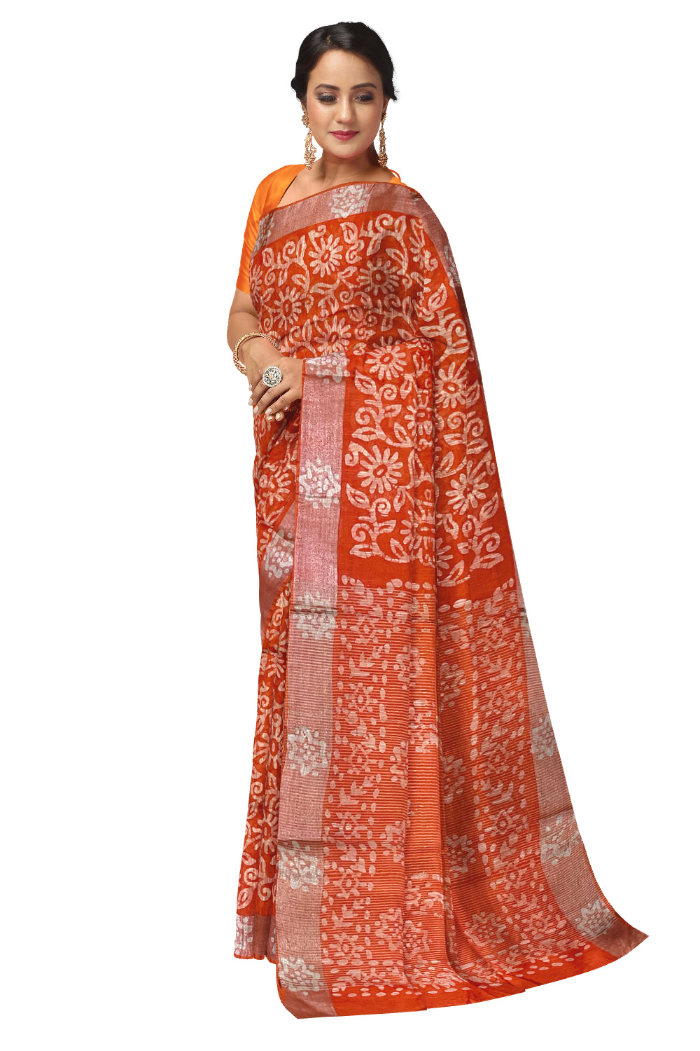 Southloom Cotton Orange Saree with Baswara Prints on Body and Pallu