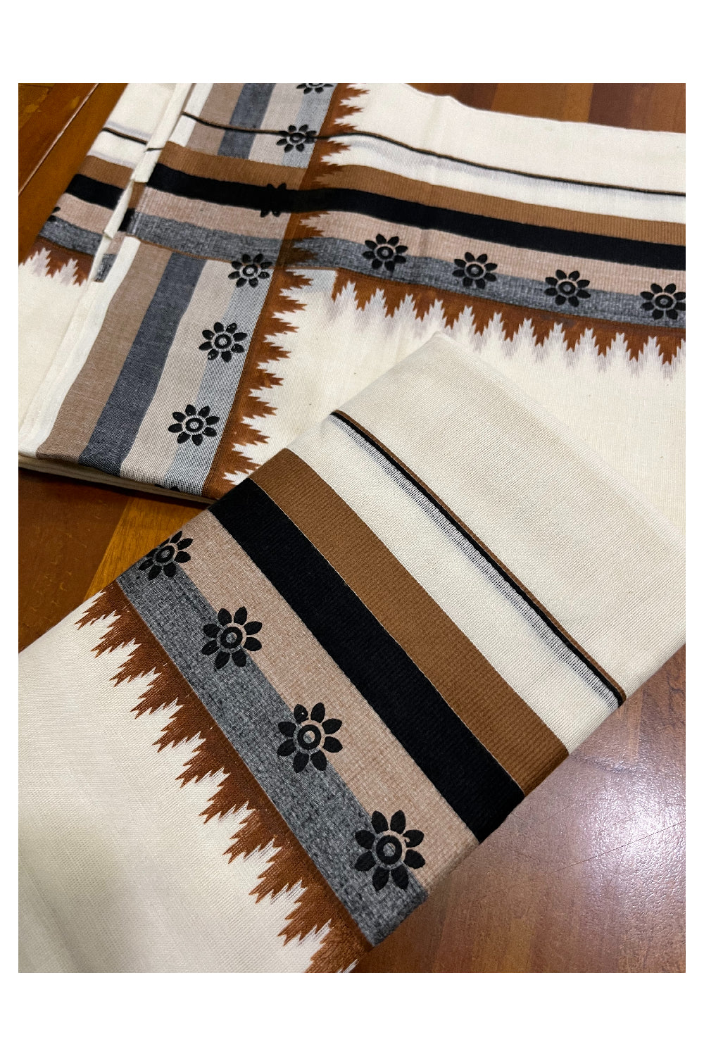 Kerala Pure Cotton Single Set Mundu (Mundum Neriyathum) with Black Floral Block Prints on Brown Temple Border - 2.60Mtrs