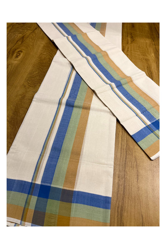 Pure Cotton Balaramapuram Handloom Premium Set Mundu (Mundum Neriyathum) with Blue and Green Brown Border