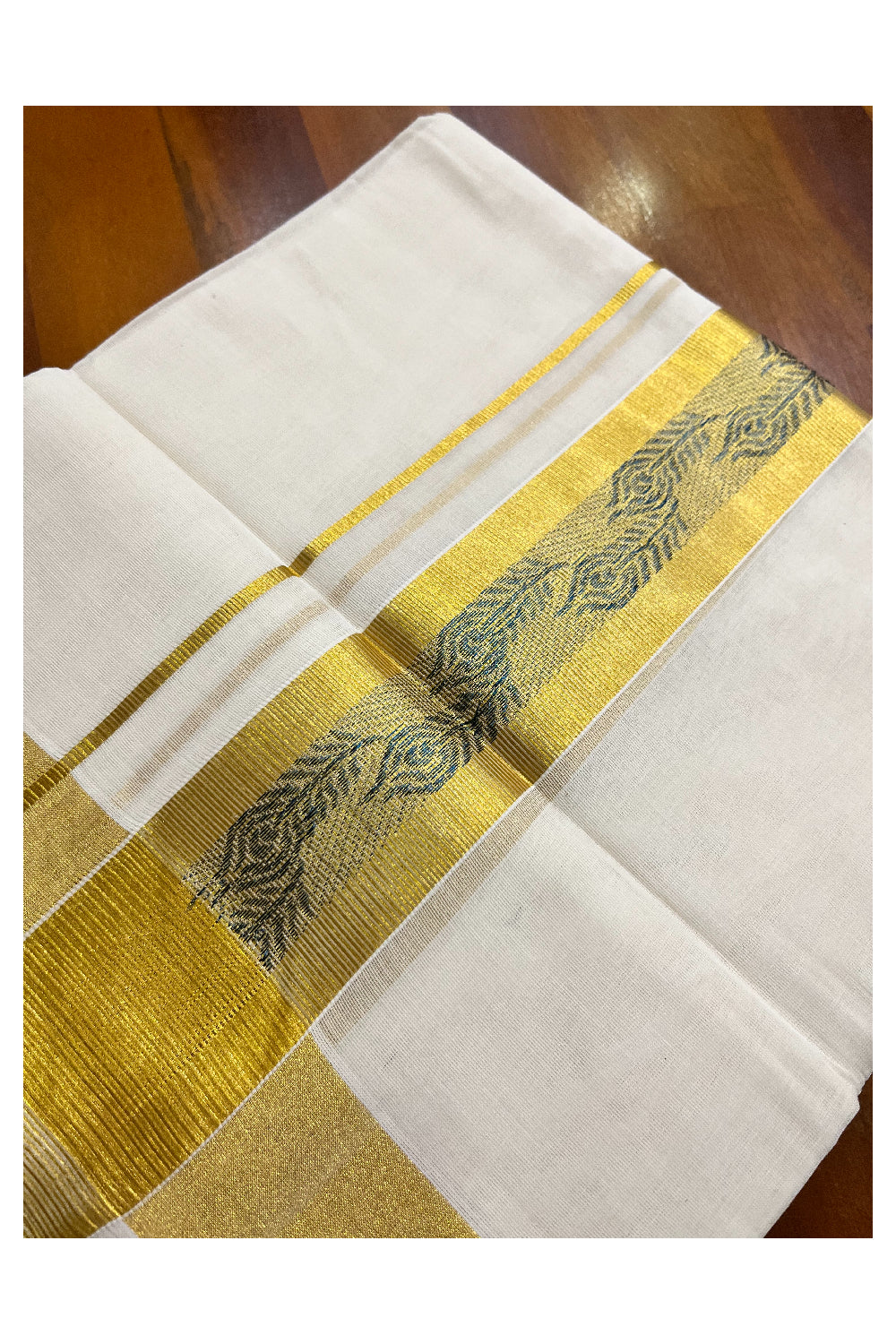 Southloom Premium Handloom Pure Cotton Mundu with Golden and Blue Kasavu Woven Border (Vishu 2024 Collection)