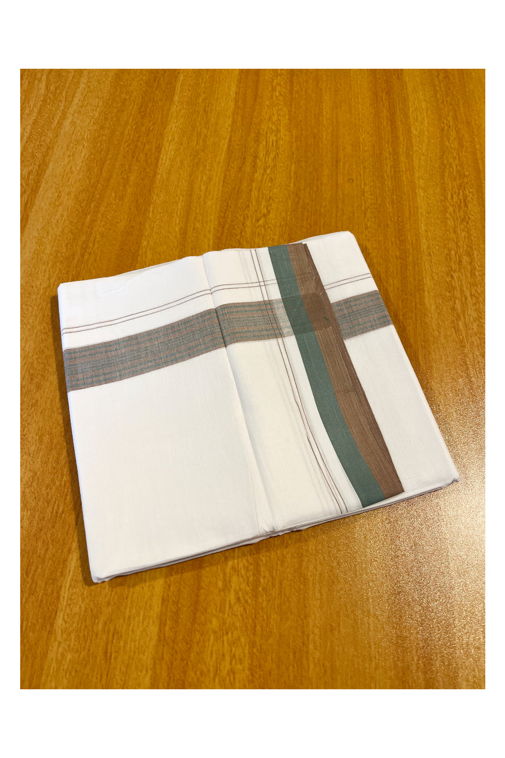 Pure White Cotton Double Mundu with Green And Brown Border (South Indian Kerala Dhoti)