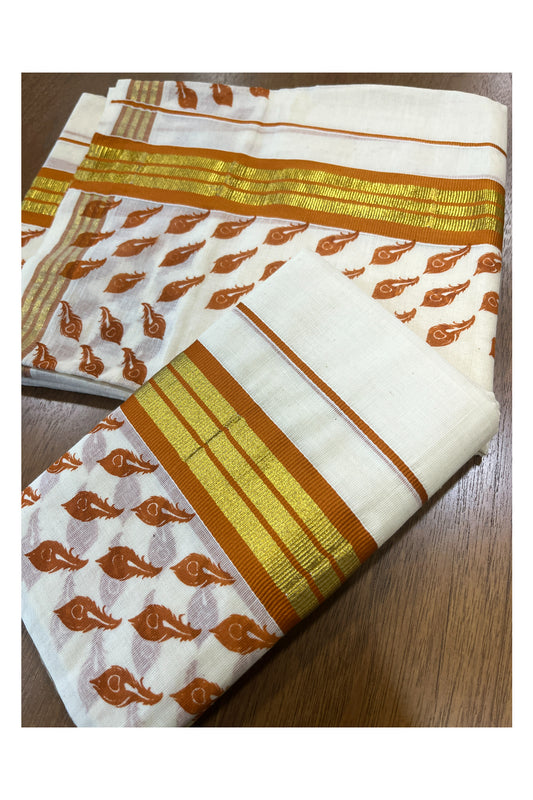 Cotton Single Set Mundu (Mundu Neriyathum) with Orange Feather Block Prints and Kasavu Border