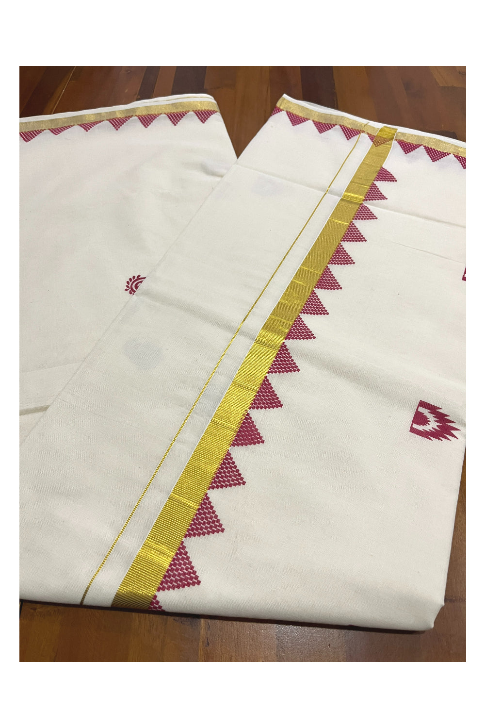 Pure Cotton Kerala Kasavu Saree with Red Temple Block Printed Border