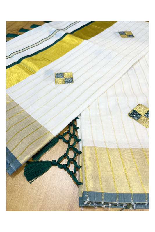 Kerala Cotton Kasavu Lines Saree with Green and Golden Diagonal Embroidery Work