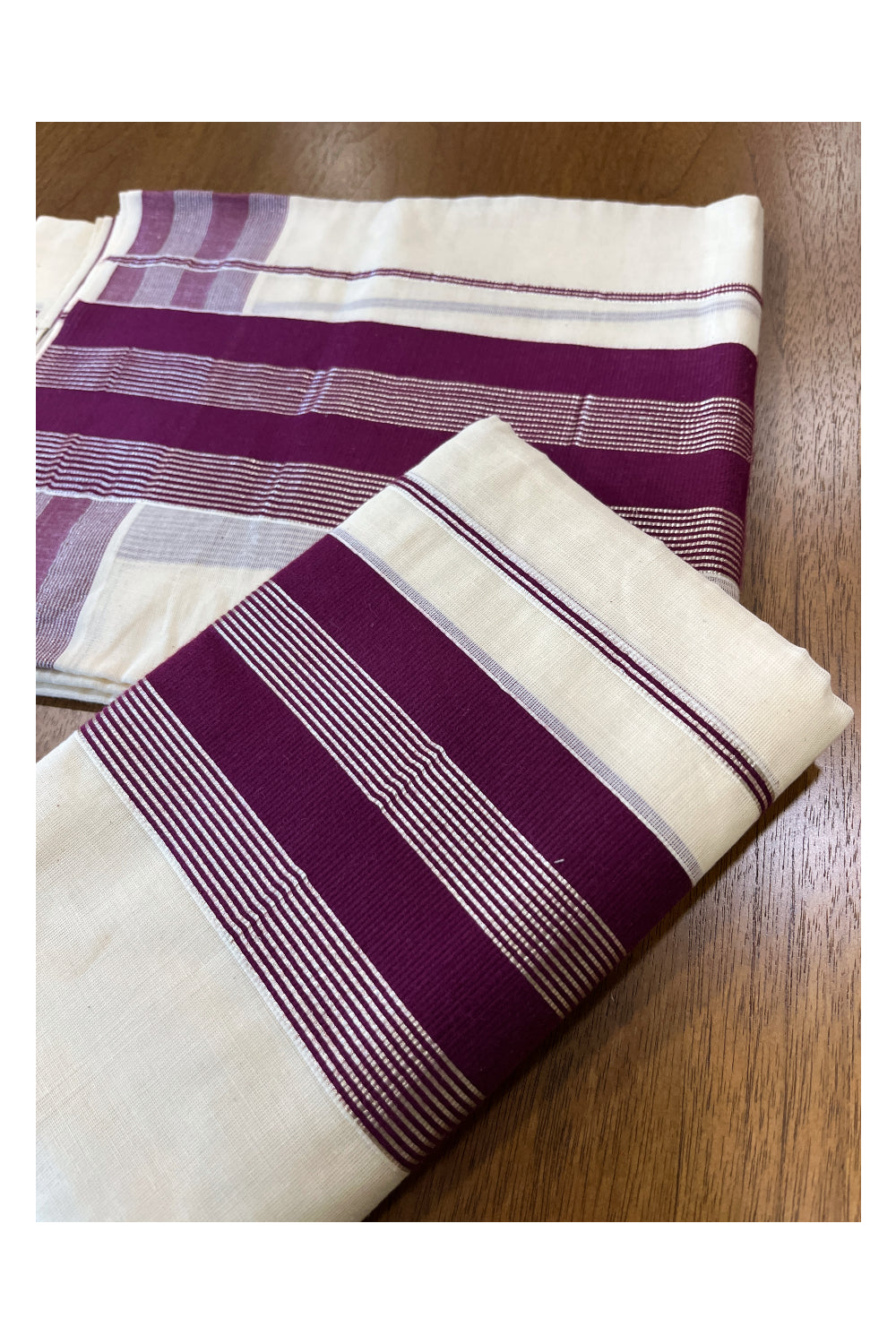 Cotton Set Mundu (Mundum Neriyathum) with Purple and Silver Line Kasavu on Border 2.80 Mtrs