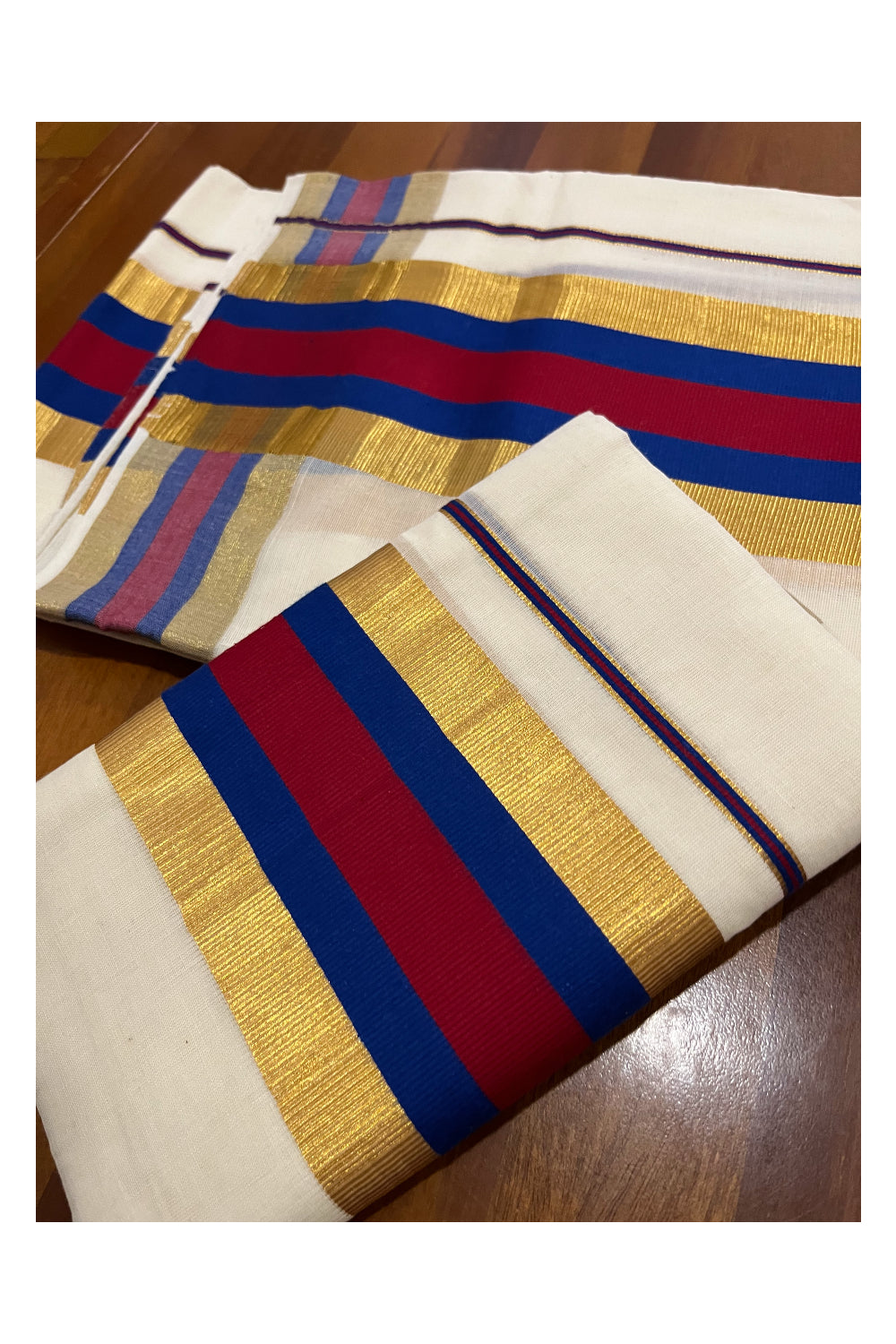 Kerala Cotton Mundum Neriyathum Single (Set Mundu) with Maroon Blue and Kasavu Border