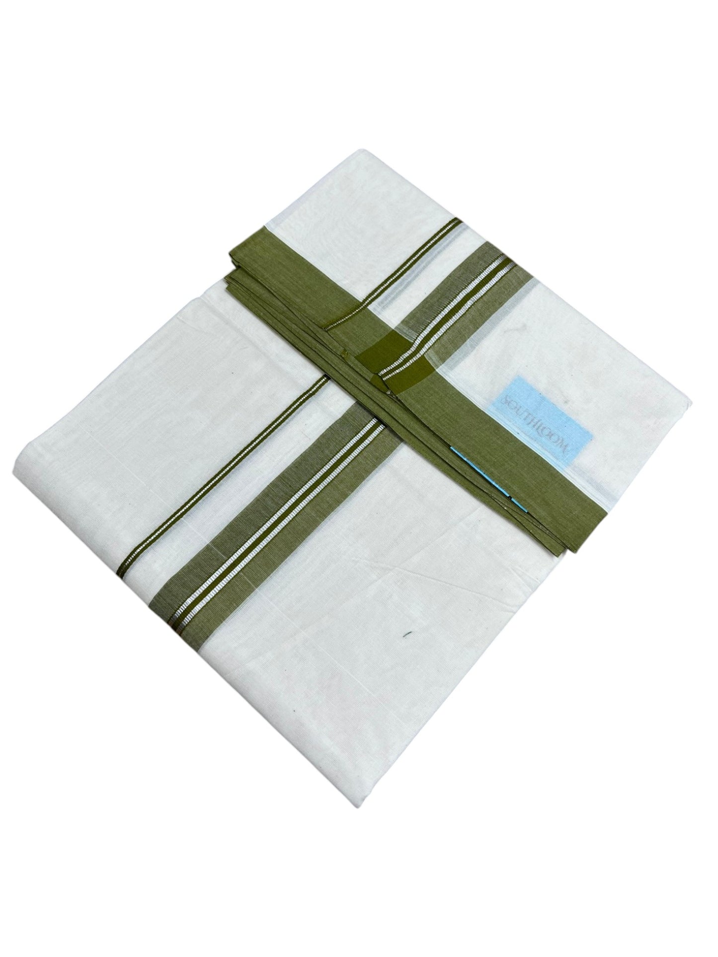 Southloom Pure Cotton Mundu with Silver Lines and Olive Green Border (South Indian Kerala Dhoti)