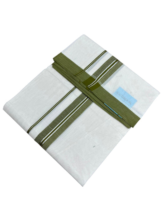 Southloom Pure Cotton Mundu with Silver Lines and Olive Green Border (South Indian Kerala Dhoti)