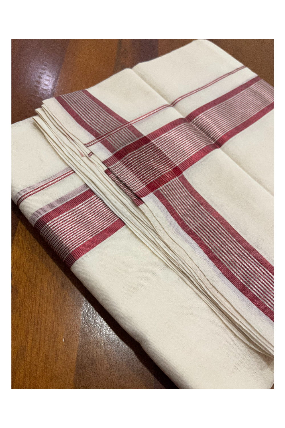 Southloom Premium Handloom Pure Cotton Mundu with Silver and Maroon Kasavu Border (Onam Mundu 2023)