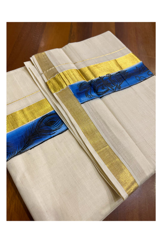 Kerala Pure Cotton Double Mundu with Hand Painted Designs on Kasavu Border(South Indian Kerala Dhoti)