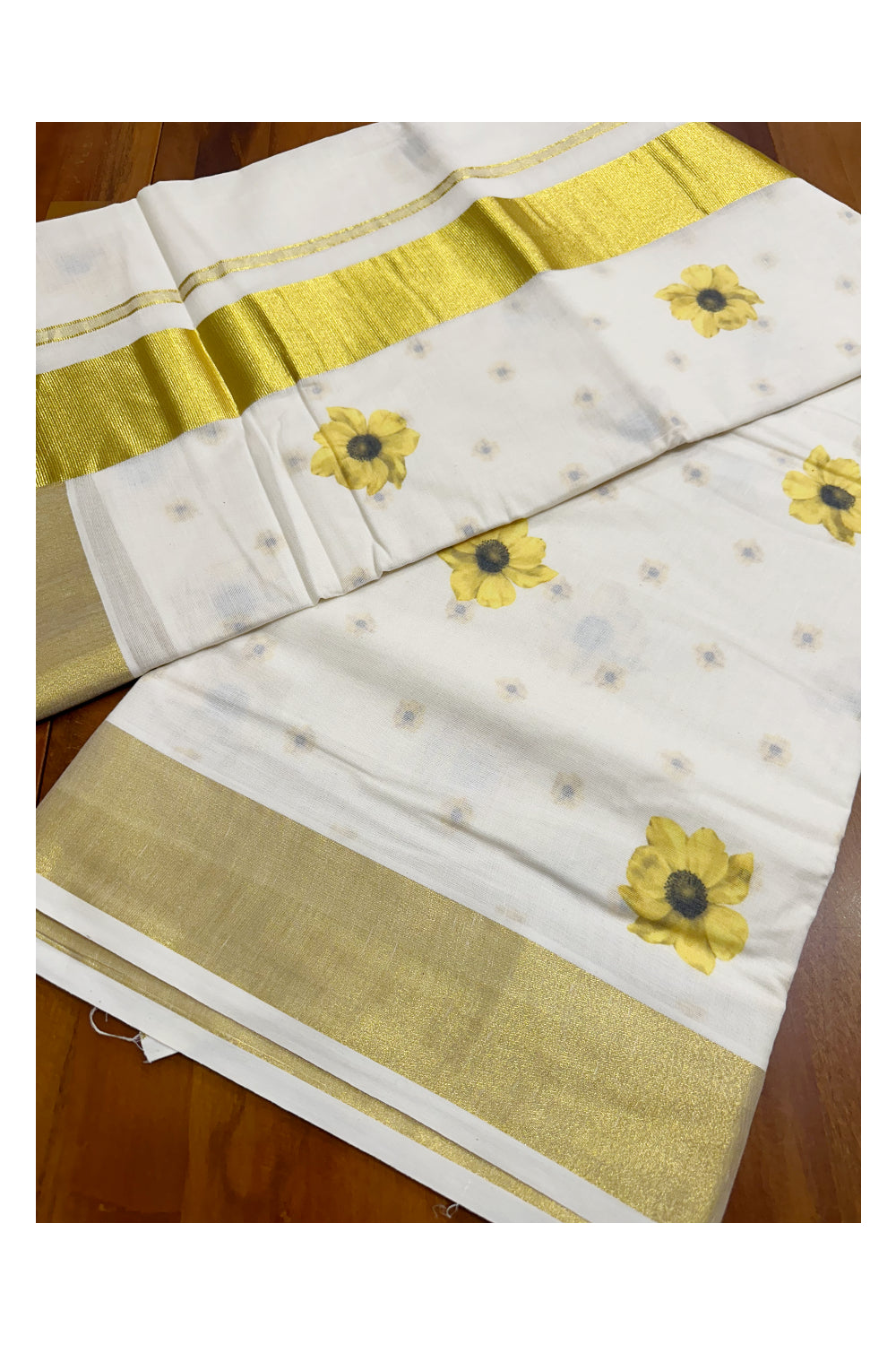 Southloom Exclusive Onam Kasavu Saree with Small Yellow Floral High Quality Digital Print Across Body (Matching Printed Blouse Included)