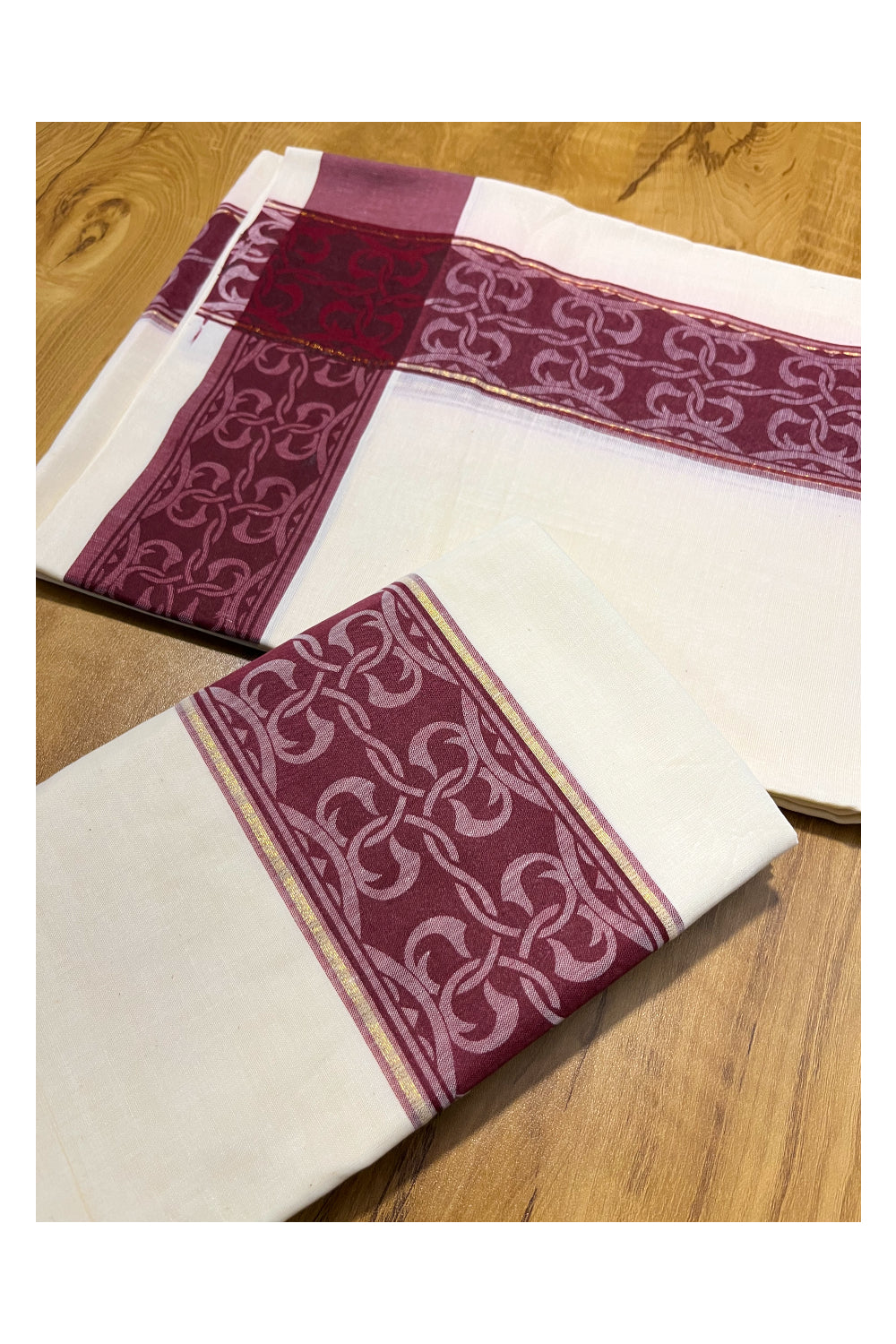 Kerala Cotton Single Set Mundu (Mundum Neriyathum) with Maroon Block print Border 2.80Mtrs