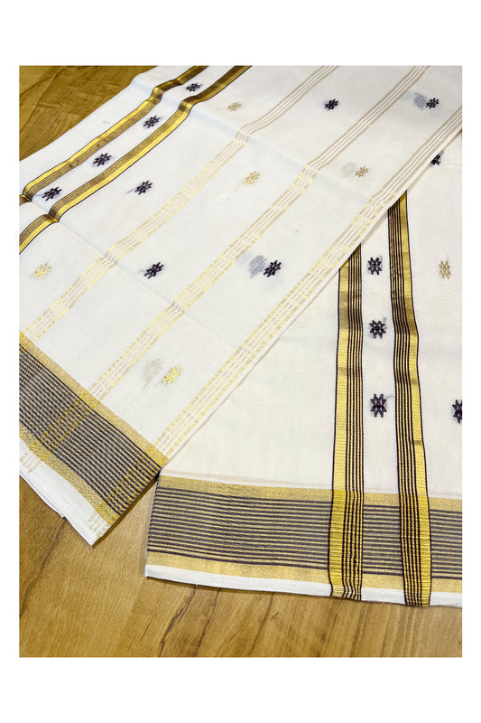 Southloom Premium Handloom Kerala Saree Purple and Kasavu Lines with Golden Small Woven Works on Body