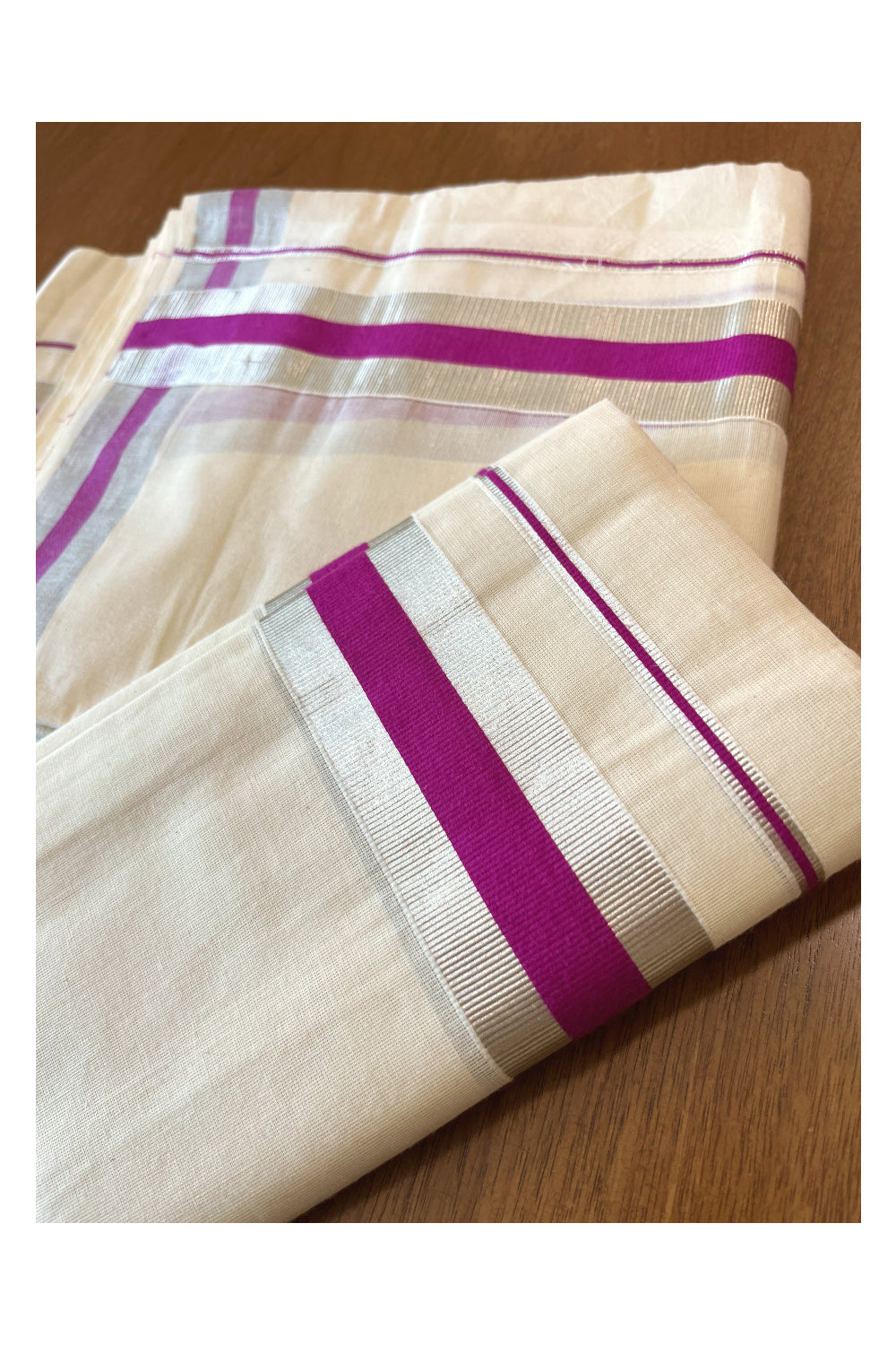 Cotton Mundum Neriyathum Double (Set Mundu) with Magenta and Silver Kasavu Border 2.80 Mtrs