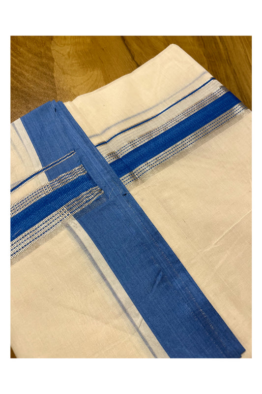 Pure Cotton Off White Double Mundu with Silver Kasavu and Blue Border (South Indian Kerala Dhoti)