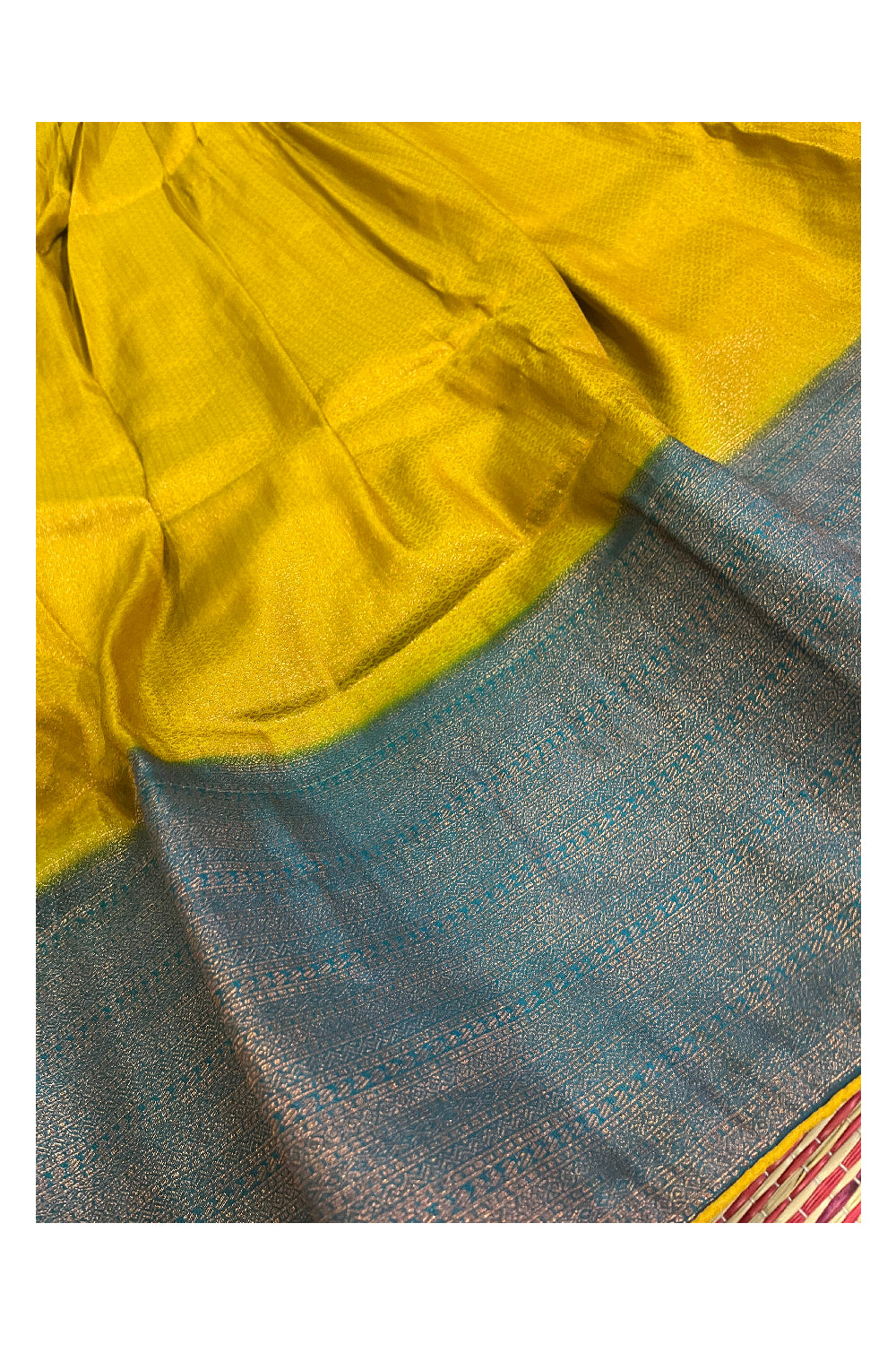 Semi Stitched Premium Semi SIlk Golden Yellow Dhavani Set with Blue Neriyathu and Blouse Piece