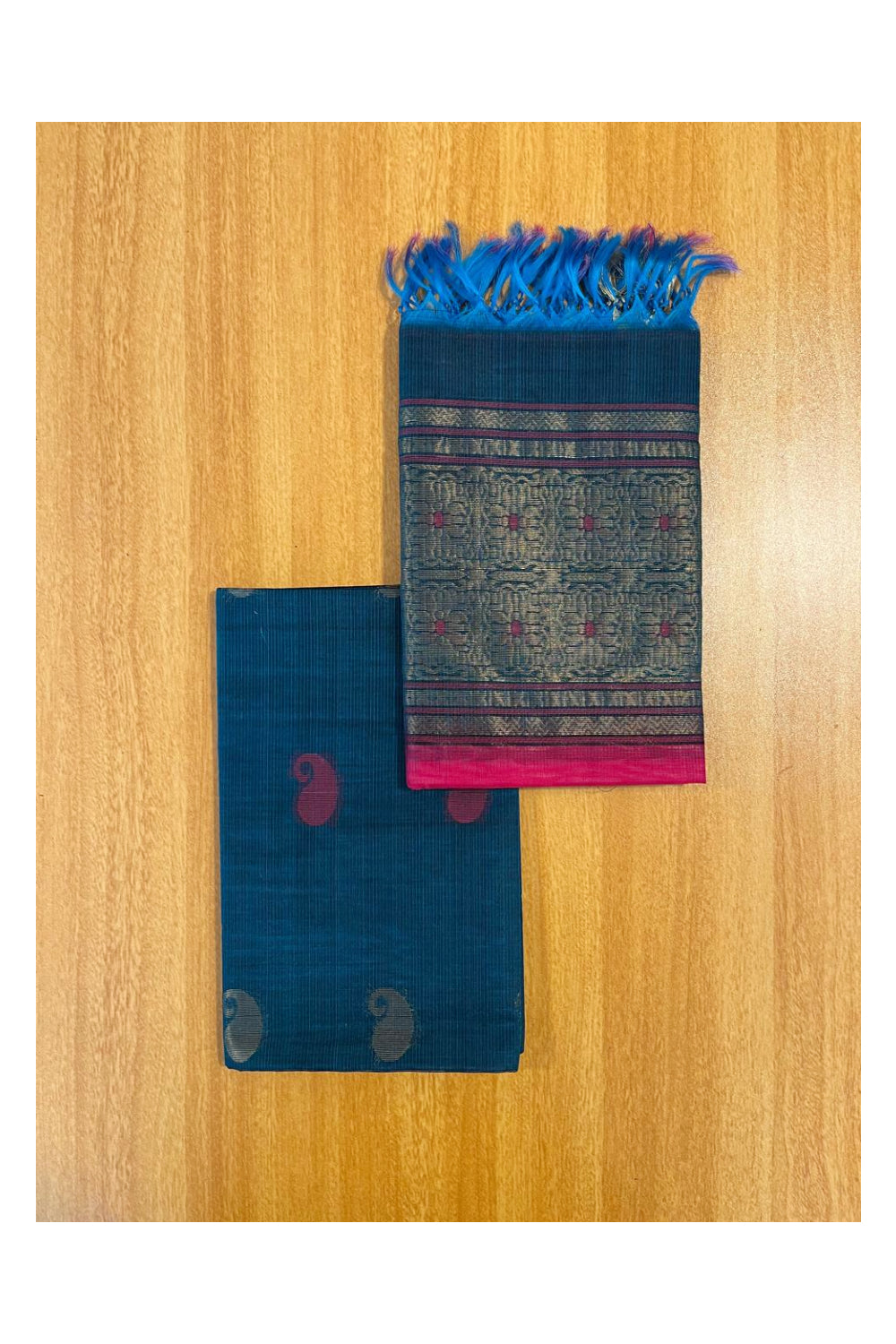 Southloom™ Original Handloom Cotton Pure Silk 3 Piece Blue and Pink Salwar Material with Woven Zari Butta Work