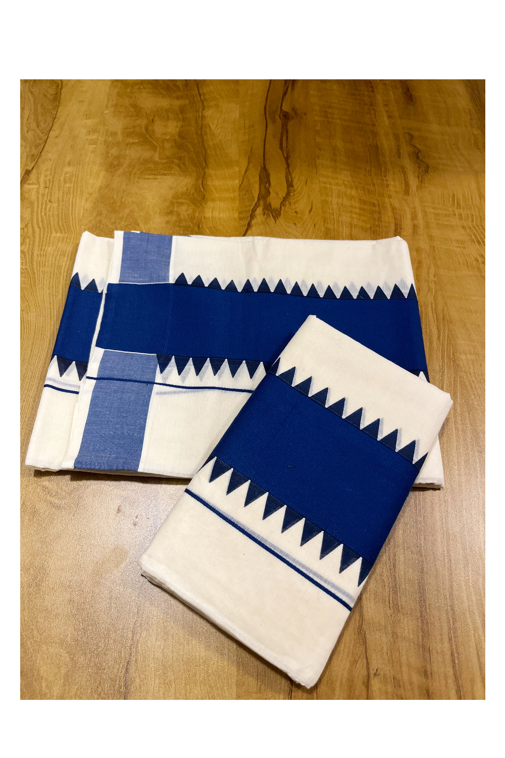 Kerala Pure Cotton Set Mundu Single (Mundum Neriyathum) with Bright Blue Temple Border 2.80 Mtrs