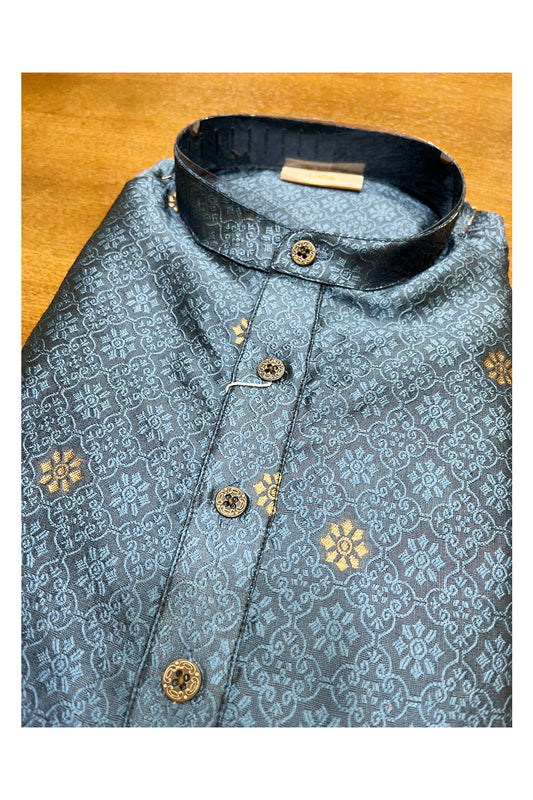 Southloom Blue Woven Patterns Semi Silk Short Kurta for Men