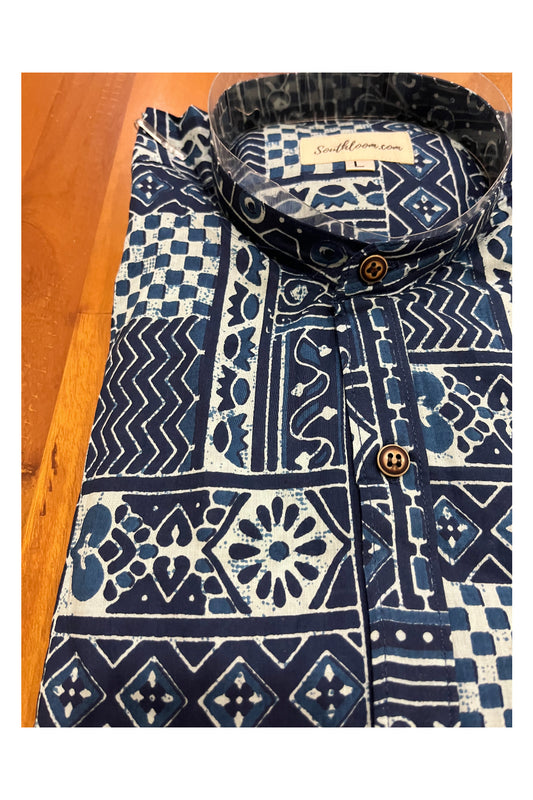 Southloom Jaipur Cotton Indigo Blue Hand Block Printed Mandarin Collar Shirt (Full Sleeves)