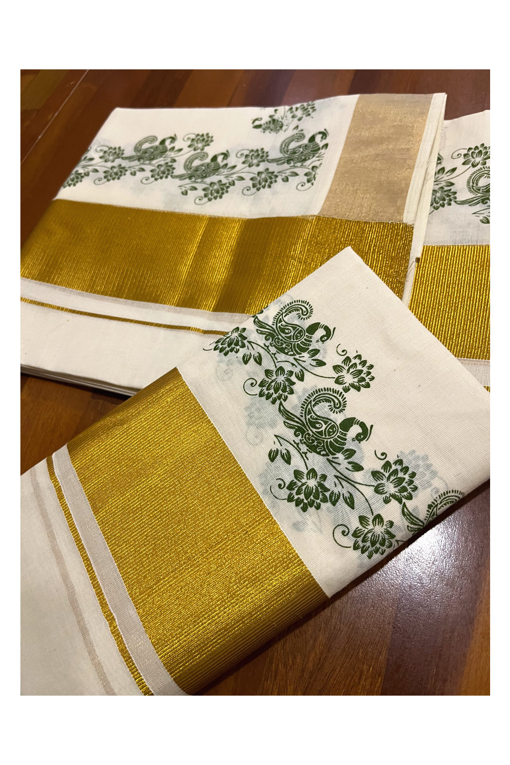 Pure Cotton Kerala Single Set Mundu (Mundum Neriyathum) with Green Block Printed Kasavu Border