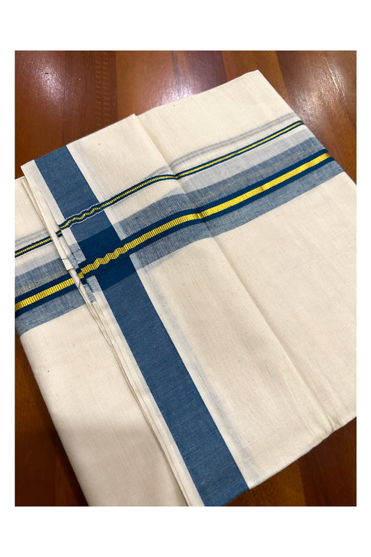 Kerala Cotton Double Mundu with Blue and Kasavu Border (Onam Mundu 2023)