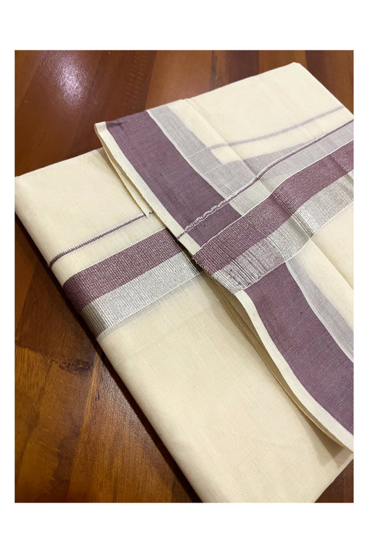 Kerala Cotton Double Mundu with Purple and Silver Kasavu Border (Onam Mundu 2023)