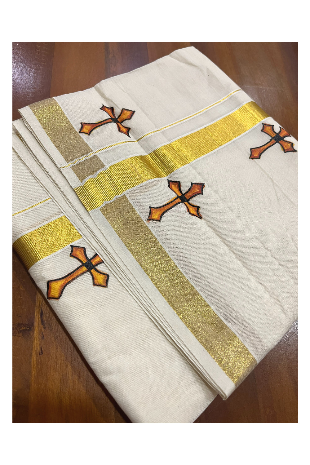 Off White Pure Cotton Double Mundu with Cross Mural Painted Design on Kasavu Kara (South Indian Dhoti)