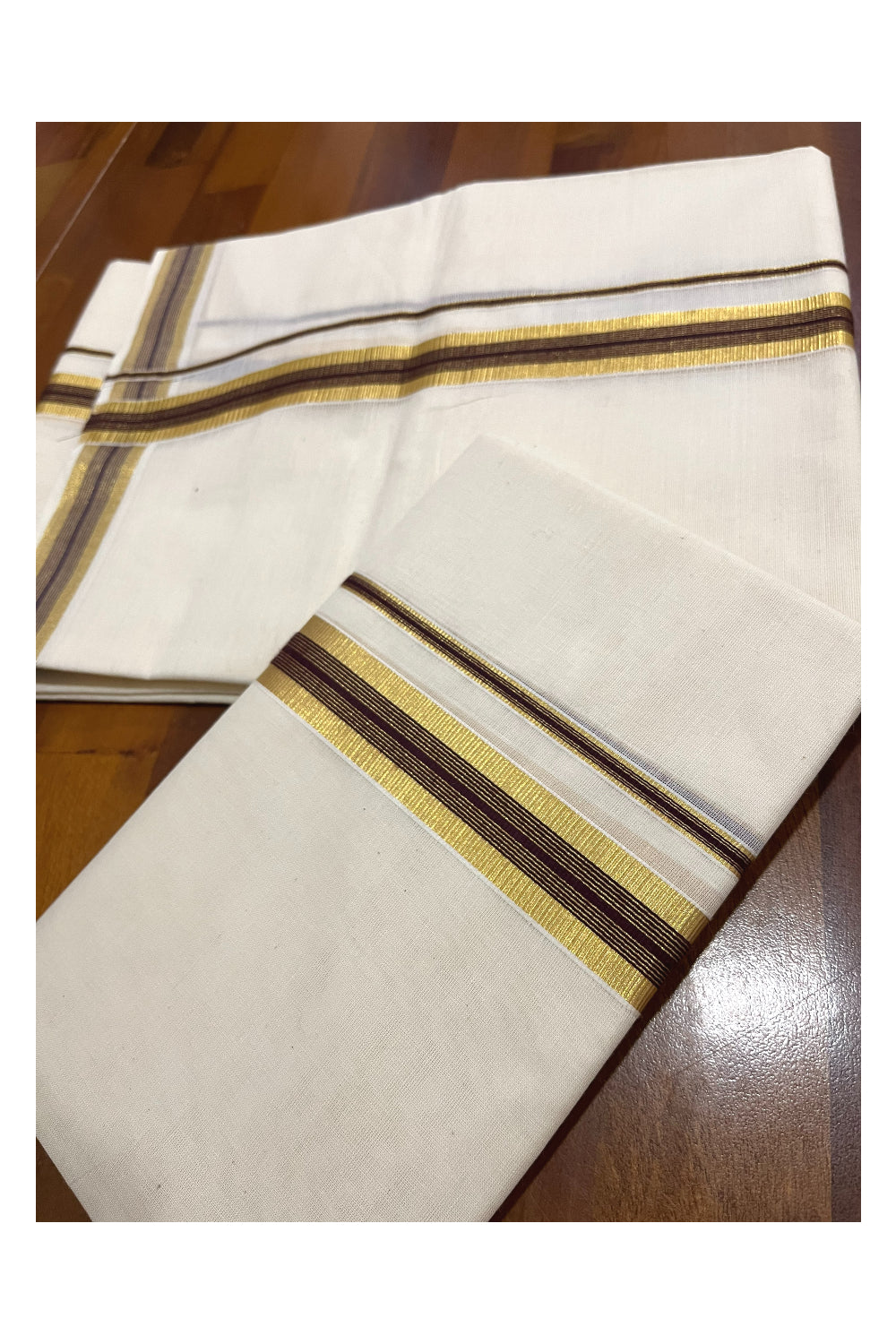 Pure Cotton Kerala Single Set Mundu (Mundum Neriyathum) with Brown and Kasavu Border 2.80 Mtrs