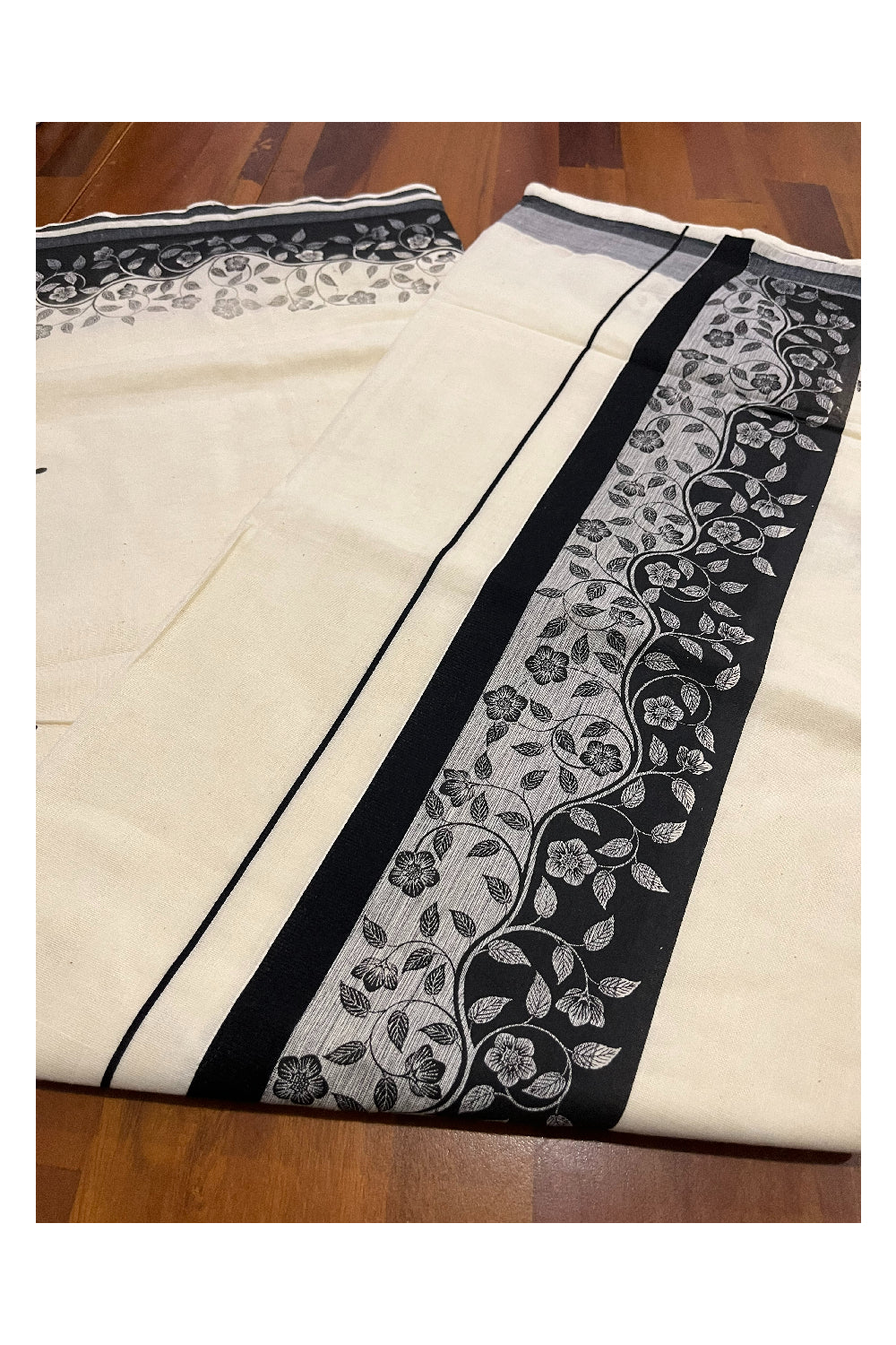 Kerala Cotton Saree with Black Floral Block Prints on Border (Onam Saree 2023)