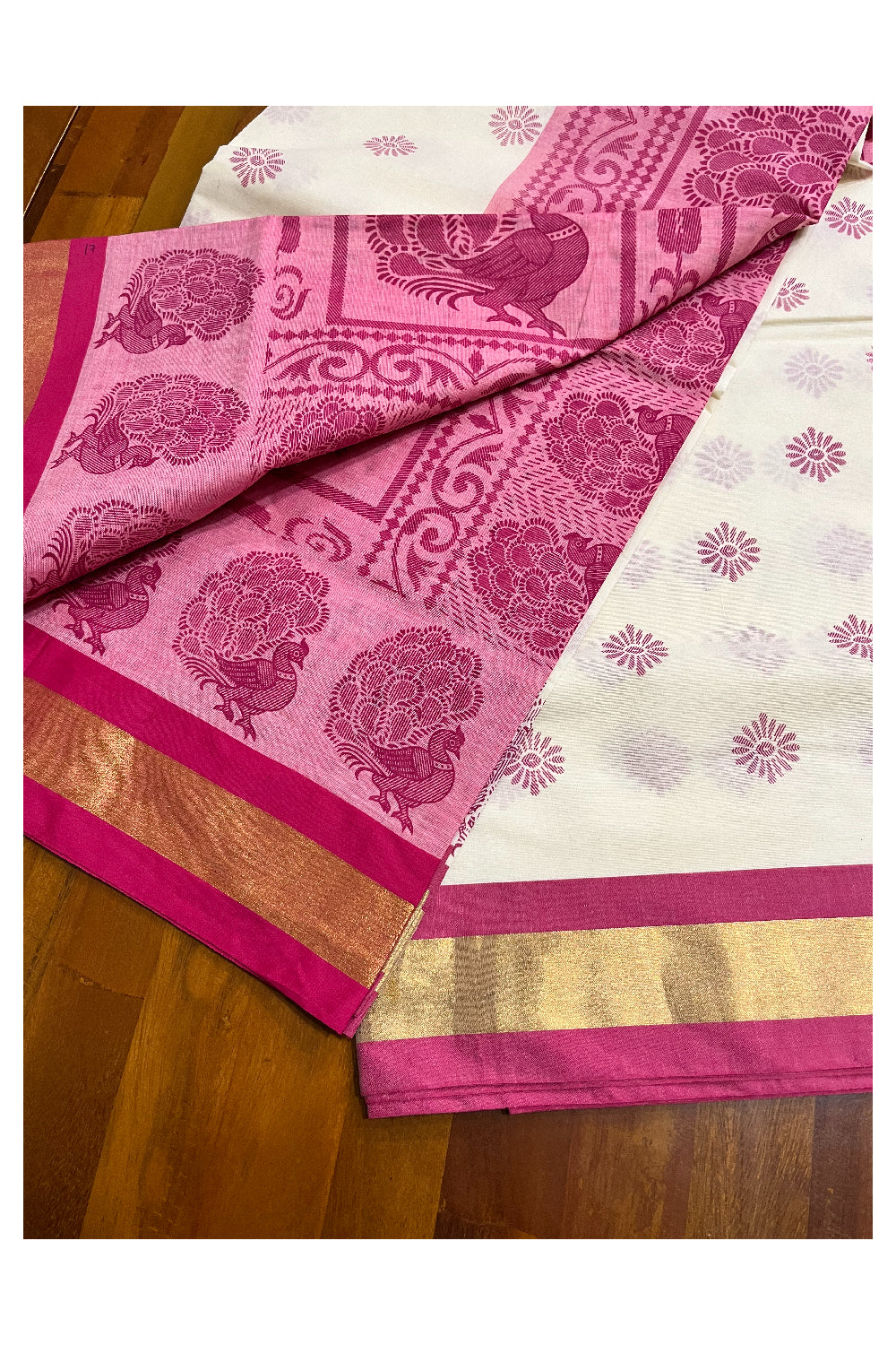 Pure Cotton Kerala Saree with Magenta Block Print Peacock Designs and Kasavu Border (Vishu 2024 Collection)